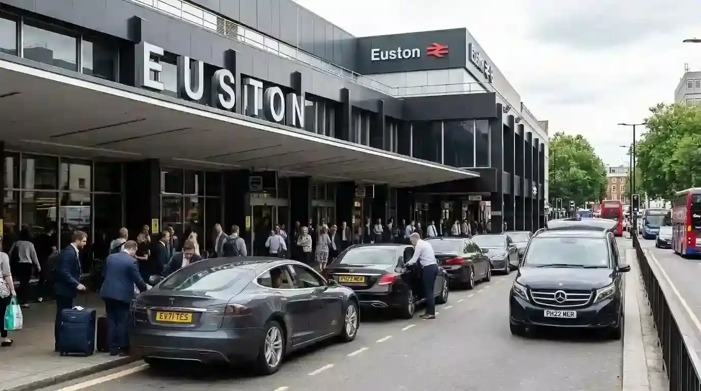 Cars dropping off passengers outside Euston station