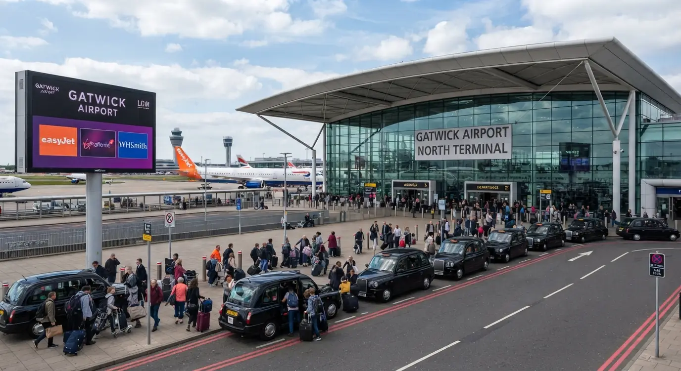 Taxis and travellers outside the Gatwick Airport terminal