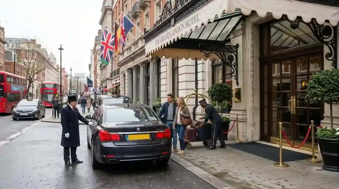 Doorman helping a guest into a car outside a London hotel