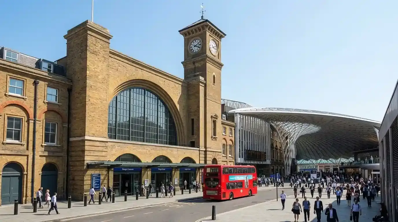 King's Cross station's brick frontage and clock tower with a red bus outside