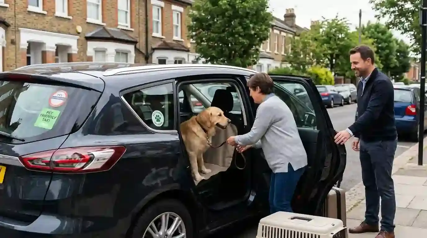Dog climbing into the back of a minicab with its owner beside it