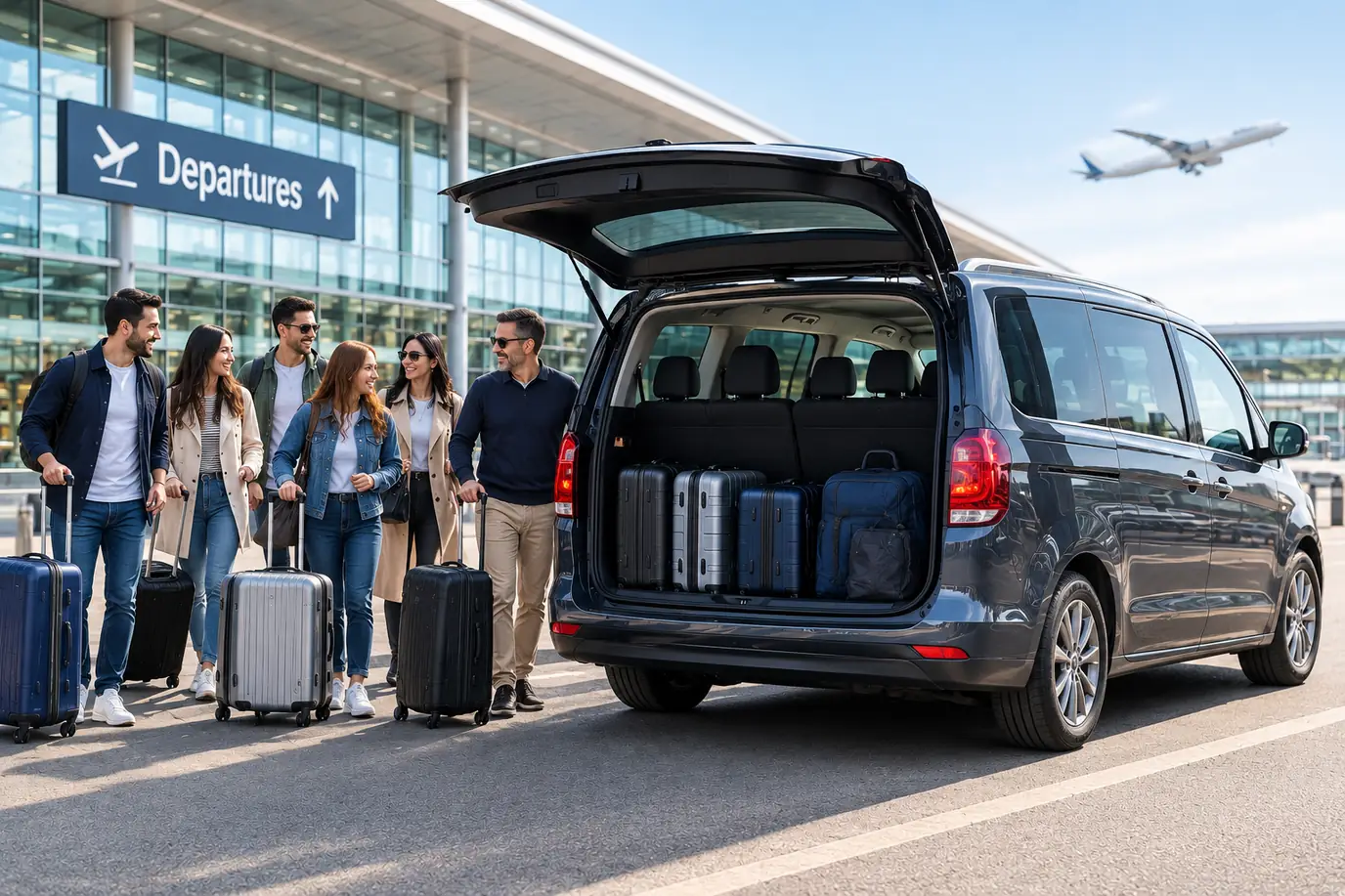 Group of travellers with suitcases beside a 7 seater MPV at departures