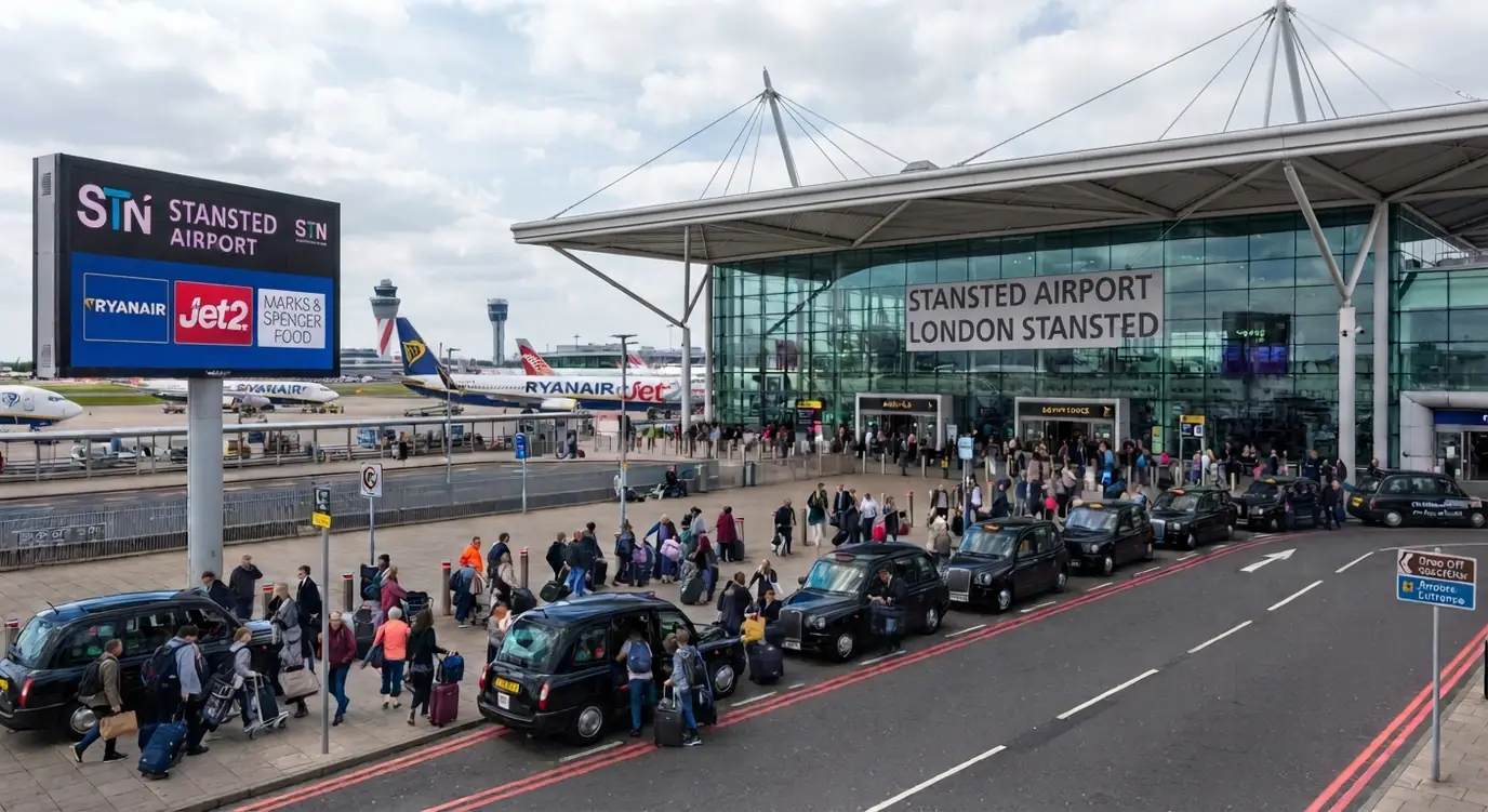 Cars and travellers outside the Stansted Airport terminal