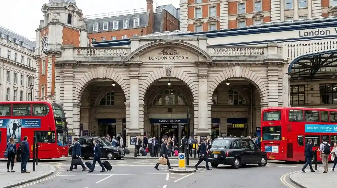 London Victoria station entrance with red buses outside