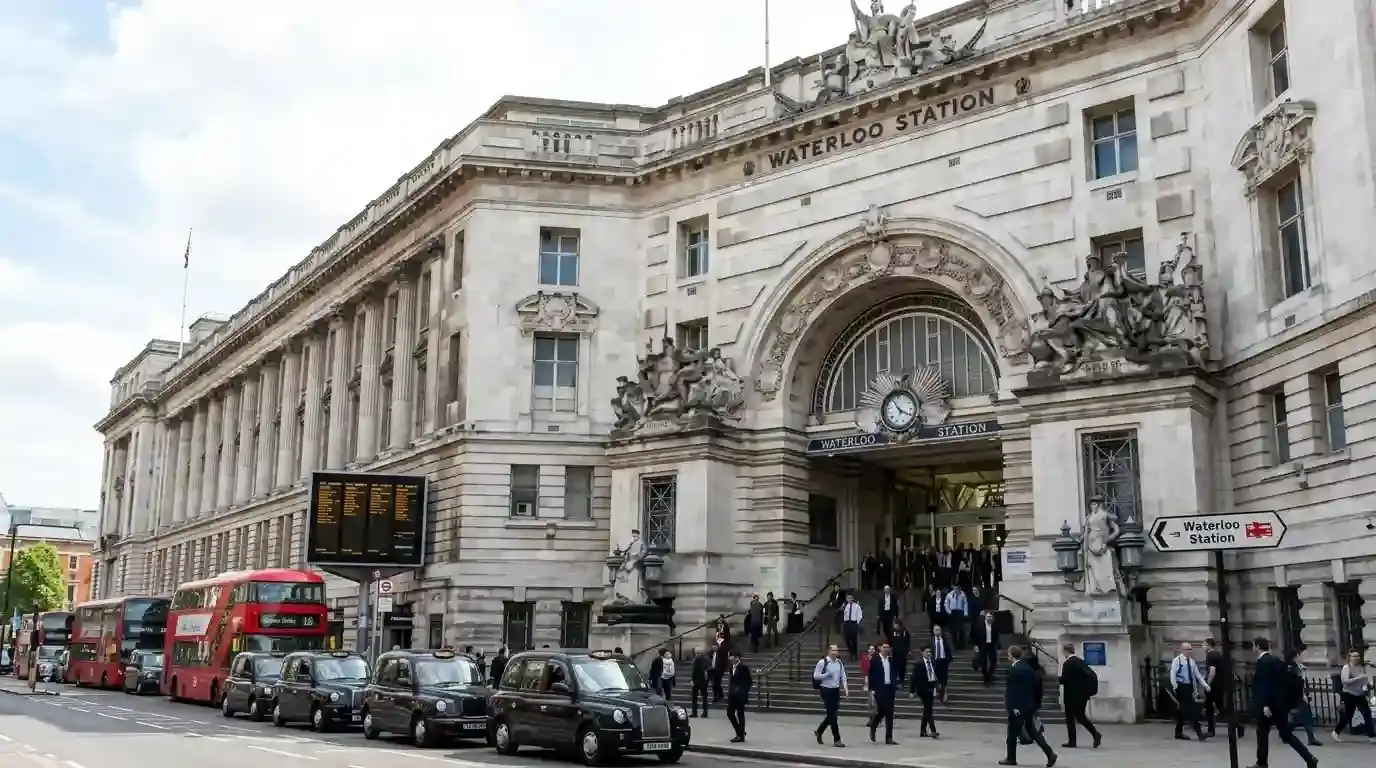 Waterloo station arch entrance with black cabs and red buses outside